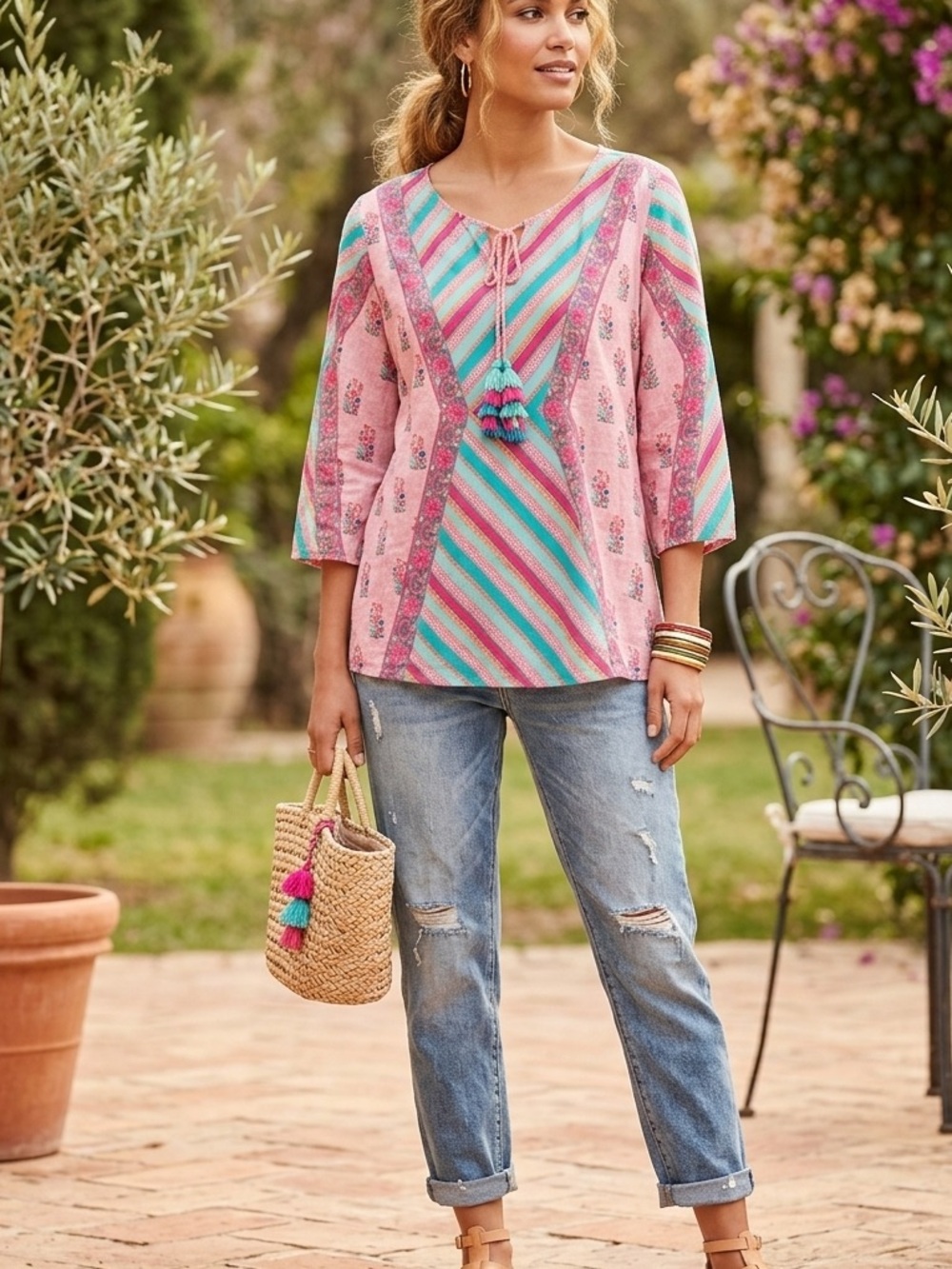 Tolani 100% Modal XXS Pink & Teal Boho V-Neck Tassel Tunic